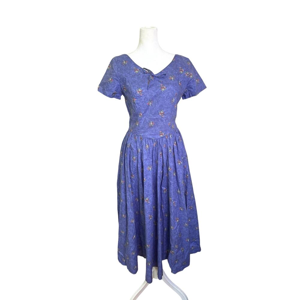 Vintage Laura Ashley Purple Floral Dress Cotton Short Sleeve Midi UK 12 US 8
